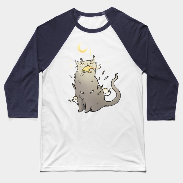 Cat That Caught A Whale, Cute Kawaii Cartoon Artwork Baseball T-Shirt by cellsdividing